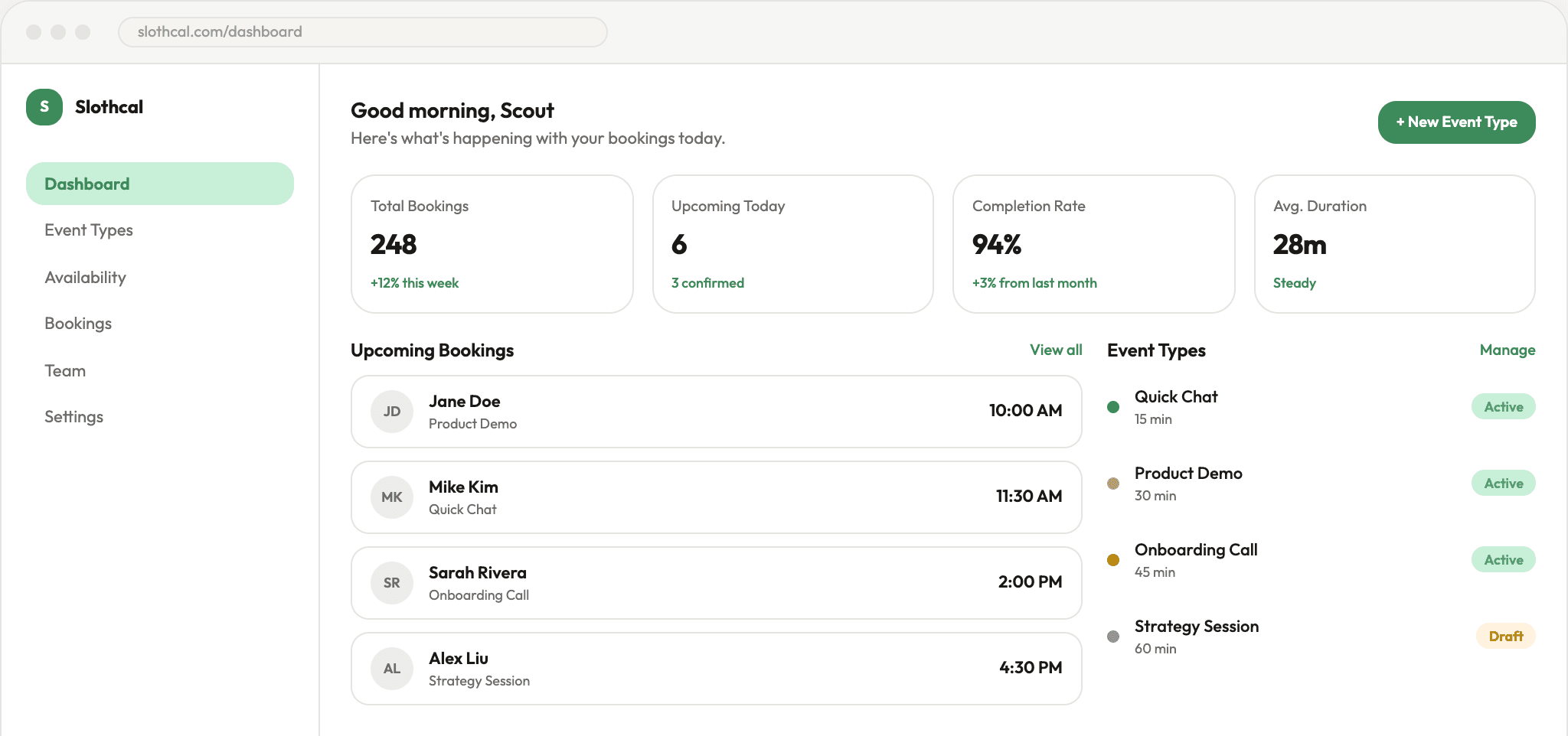 Slothcal dashboard — bookings, event types, and metrics at a glance